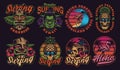 Set of colourful Hawaii surfing illustrations on a dark background