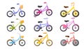 Set of colourful kids bicycle, healthy lifestyle objects, children bikes, transport for travel, toys for child Royalty Free Stock Photo