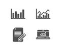 Column chart, Infochart and Article icons. Online statistics sign. Financial graph, Stock exchange, Feedback.