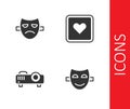 Set Comedy theatrical mask, Drama, Movie, film, media projector and Like heart icon. Vector