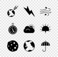 Set Comet falling down fast, Lightning bolt, Wind, Moon, Earth globe, Umbrella, Compass and Sun and cloud icon. Vector