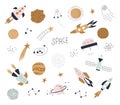 Set with comets, rockets, planets and stars. Vector illustrations