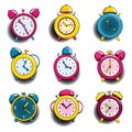 Set of comic alarm clocks. Pop art colorful and dynamic cartoonish icons in retro style. Vector bright cartoon objects Royalty Free Stock Photo