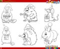 Set of comic animals with Christmas gifts coloring book page Royalty Free Stock Photo