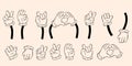 Set comic hands in gloves, gestures - heart, ok, hello, two fingers. Vector illustration. Linear hand drawn doodle