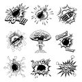 Set of comic style bombs, dynamite, grenade. Design element for poster, card, emblem, print, flyer, banner.