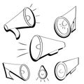 A set of comic style horns. Monochrome flat loudspeaker icons. Pop art vector cartoon illustration. Bullhorns icons