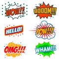 Set of comic style phrases. Boom, Wow, OMG. Royalty Free Stock Photo