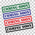 Set of coming soon stamp symbol, label sticker sign button, text banner vector illustration Royalty Free Stock Photo