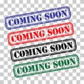 Set of coming soon stamp symbol, label sticker sign button, text banner vector illustration Royalty Free Stock Photo