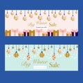 Set of commercial banners with blue, pink and gold christmas decorations