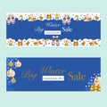 Set of commercial banners with blue, pink and gold christmas decorations