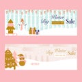 Set of commercial banners with cute colirful snowmen and christmas trees in a winter wonderland