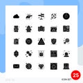 Set of 25 Commercial Solid Glyphs pack for book, astronomy, directions, support team, seo