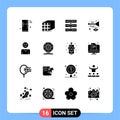 Set of 16 Commercial Solid Glyphs pack for carnival, instrument, dimensional, files, storage