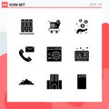 Set of 9 Commercial Solid Glyphs pack for coding, info, hand, contacts, contact