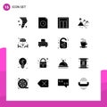 Set of 16 Commercial Solid Glyphs pack for dinner, beach, calculation, farming, mountain Royalty Free Stock Photo