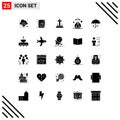 Modern Set of 25 Solid Glyphs and symbols such as euro, umbrella, christian, insurance, lab green