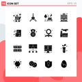 Set of 16 Commercial Solid Glyphs pack for file, digital, moon, hotel, apartment