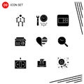 Set of 9 Commercial Solid Glyphs pack for heart, music, settings, radio, wireframe