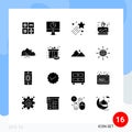 Set of 16 Commercial Solid Glyphs pack for landscape, celebrate, asteroid, love, cake party