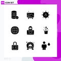 Set of 9 Commercial Solid Glyphs pack for search, globe, direction, ways, human