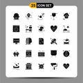 Set of 25 Commercial Solid Glyphs pack for shop, cloud, construction, wine, food