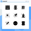 Set of 9 Commercial Solid Glyphs pack for startup, rocket, content, launch, bengal fire Royalty Free Stock Photo