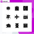 Set of 9 Commercial Solid Glyphs pack for vehicle, takeoff, man, plane, pointer Royalty Free Stock Photo