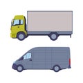 Set of commercial van and truck. Side view of delivery trucks cartoon vector illustration