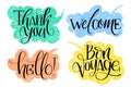 Set of common hand written words on drawn textured speech bubbles. Thank you, welcome, hello and bon voyage phrases. P