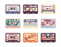 Set of compact analog audio cassette from 80s, 90s. Different retro audiocassette with old school music mixtape. Flat Royalty Free Stock Photo