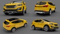 Set compact city crossover yellow color on a gray background. 3d rendering. Royalty Free Stock Photo