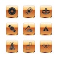 Set Compass, Campfire, Lighter, Wooden axe and wood, Head flashlight, Crossed wooden and Rafting boat icon. Vector
