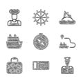 Set Compass, Cruise ticket, Captain of ship, Ship line path, Suitcase, Tropical island ocean and Cook icon. Vector