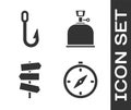 Set Compass, Fishing hook, Road traffic signpost and Camping gas stove icon. Vector Royalty Free Stock Photo