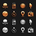 Set Compass, Ice cream, Suitcase, Map pointer with star, Beach ball, Sun, Jellyfish and Photo camera icon. Vector Royalty Free Stock Photo