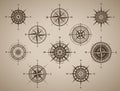 Set of compass rose or wind rose on brown vintage background Royalty Free Stock Photo