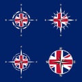 Set of compass roses, wind roses on the background of the British flag. Illustration Royalty Free Stock Photo