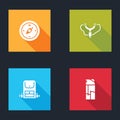 Set Compass, Slingshot, Hiking backpack and Lighter icon. Vector