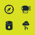 Set Compass, Storm, Barrel oil and Airship icon. Vector