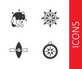 Set Compass, Tsunami, Kayak and paddle and Ship steering wheel icon. Vector Royalty Free Stock Photo