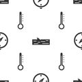 Set Compass, Wooden log and Meteorology thermometer on seamless pattern. Vector