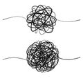 Set of complicated black line way. Hand drawn tangle of tangled thread. Sketch spherical abstract scribble shape. Vector