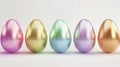 The set is composed of colorful Easter eggs row, isolated gold, pink, purple, green and blue modern objects on white Royalty Free Stock Photo