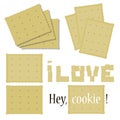 Set of composition of rectangular cookies baking delicious crisp light beige cracker wavy edge of love vector inscription isolated