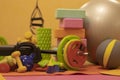 Set composition of various bright sports equipment. Kettlebells, fitness bands, balls, rugs, dumbbells, step platform