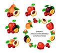 Set with compositions of garden fruits and berries.Watercolor illustration on white background.Organic and healthy food Royalty Free Stock Photo