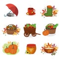 a set of compositions on the theme of autumn, a color vector illustration in the style of a cartoon Royalty Free Stock Photo