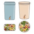 Set of composting bins with kitchen scraps, fruits and vegetables. No food wasted. Recycling organic waste, compost. Sustainable